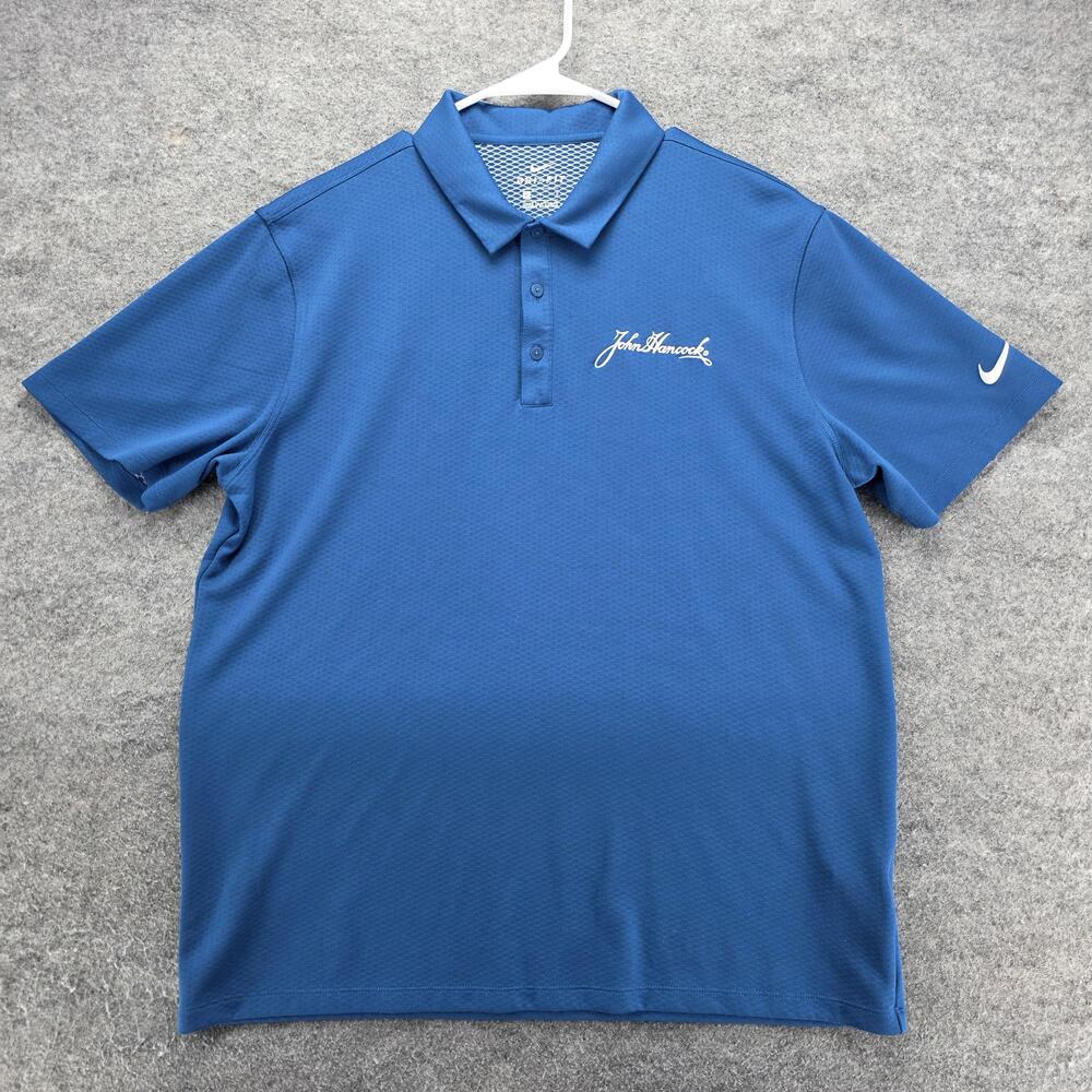 Nike Golf Dri-FIT Polo Shirt Mens Large Blue John Hancock Short Sleeve